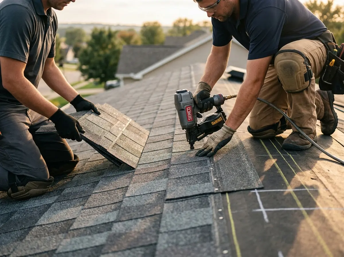 Professional roofer working on a residential roof in Mont Belvieu